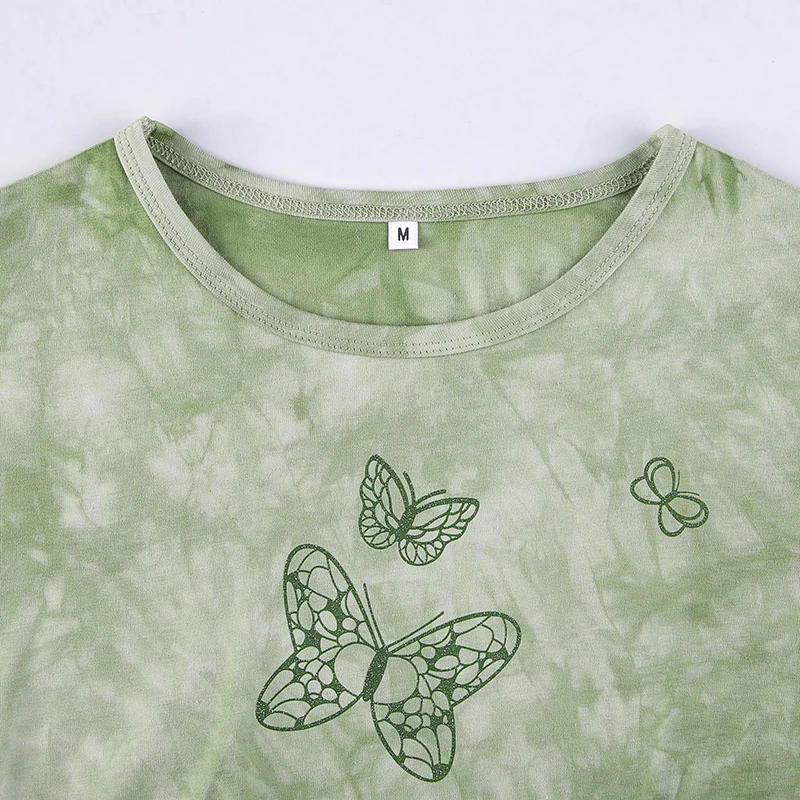 

Butterfly Crop Top Women Short Sleeve O Neck Cute printed Pullover fashion Kawaii Green Tie Dye Tee Shirt 2021 new Retro 90s