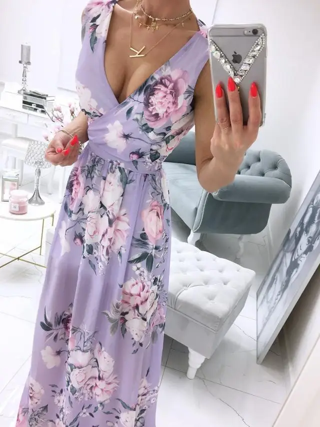 

Zoulv Summer Sexy V-neck Sleeveless Chiffon Printed Bohemian Dress High-waist Split Slit Commuter Dress Maxi Dresses for Women