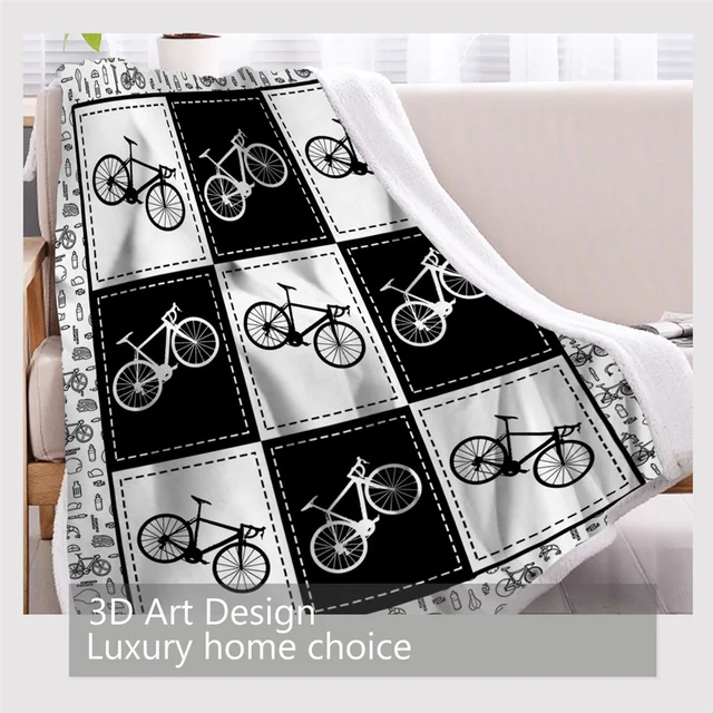 Blessliving Bicycle Sherpa Blanket on Bed Black and White Plaid Throw Blanket Food Cartoon Bedspreads Stylish Sofa Cover 130x150 3