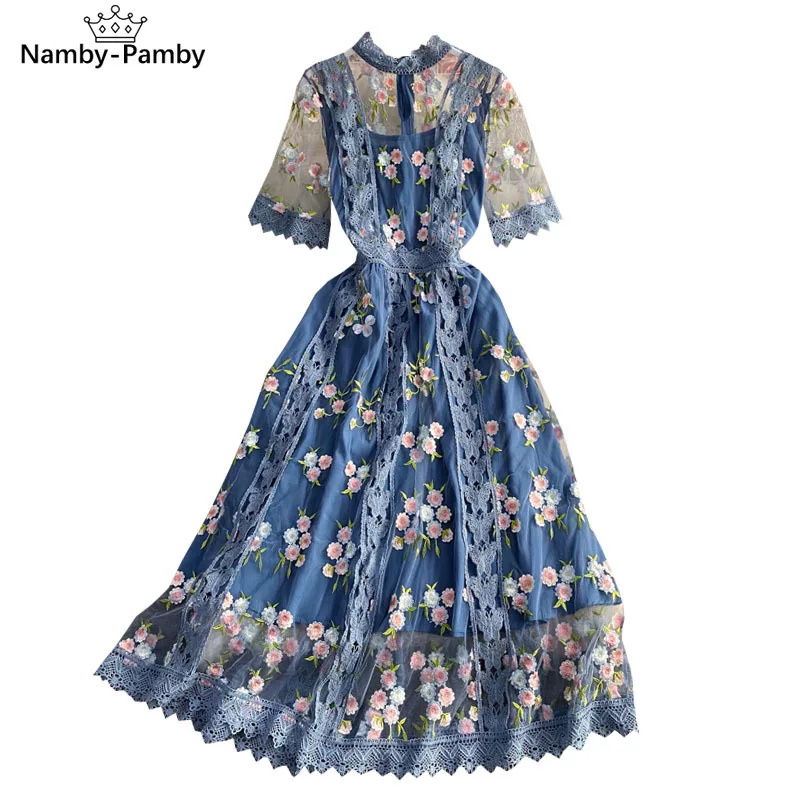

2021 Summer New Fashion Temperament Vestidos Female Round Neck Waist Slimming Mesh Embroidery High-end A-line Midi Dress GK161