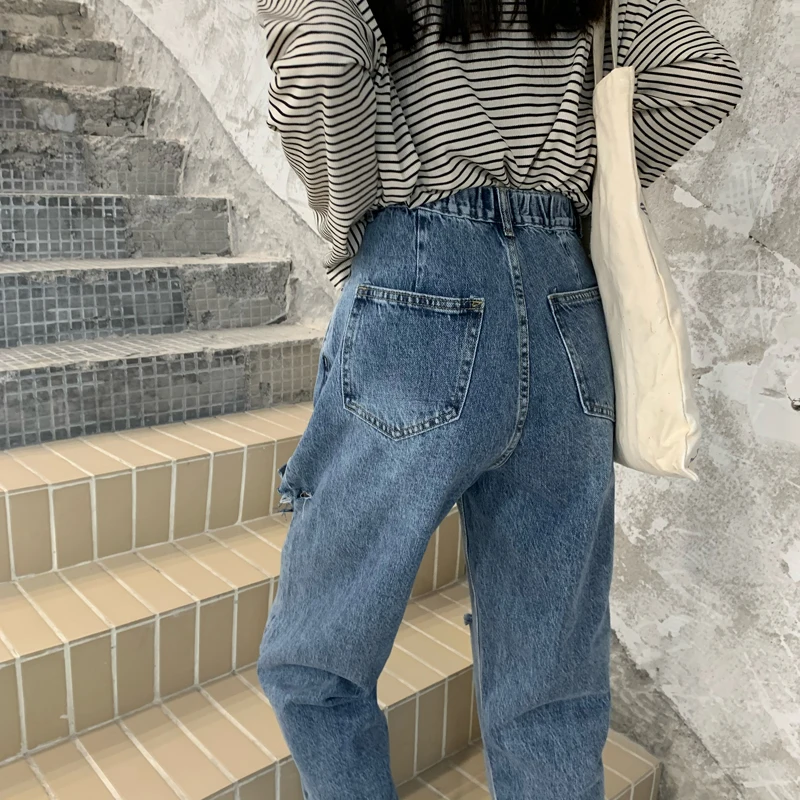 

Harajpoo Women Pants 2021 Spring Autumn Korean INS Trendy Girls Harajuku Style Vintage Loose High-Waist Straight Ripped Jeans