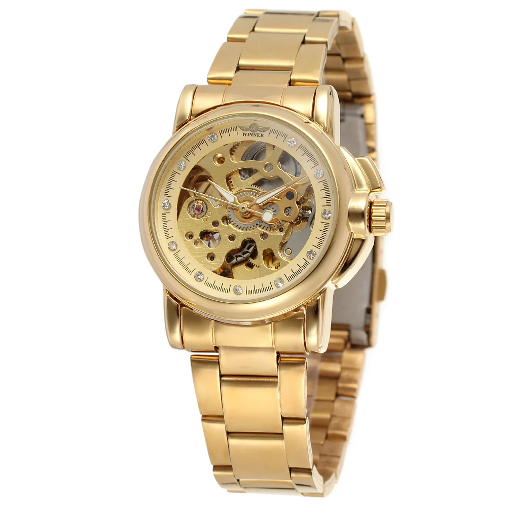 

Роскошные золотые женские Автоматические hanical часы, женские модные часы из нержавеющей стали с кристаллами полые часы-скелетоны Saati