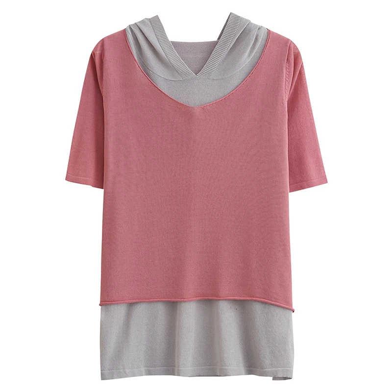 

Cotton and Linen Contrast Color Fake Two-piece Hooded Short-sleeved T-shirt Fat Girl Loose Large Size Bottoming Shirt Linen Top