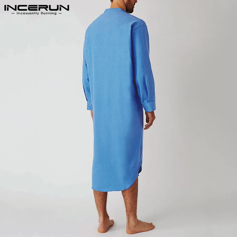 2022 Men's Sleep Robes Solid Color Cotton Long Sleeve Comfort Leisure Homewear O Neck Nightgown Mens Bathrobes INCERUN S-5XL 7