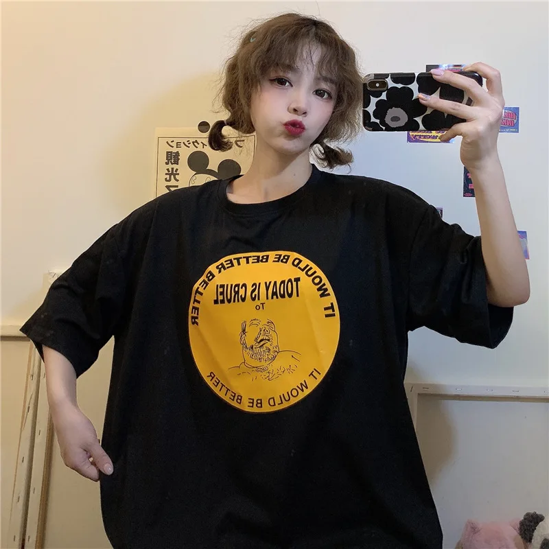 Женская хлопковая футболка с коротким рукавом свободная универсальная летняя