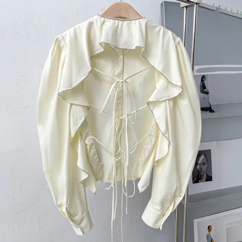

TWOTWINSTYLE Back Hollow Out Blouse Shirts For Female Lapel Collar Puff Long Sleeve Lace Up Bowknot Women's Sext Shirt Fashion