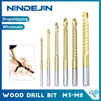 nindejin 6pcsset wood drill bit high speed steel serrated twist drill titanium coated multifunction composite woodworking drill