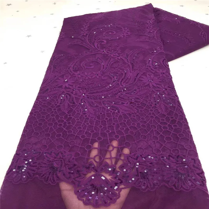 

Purple African Lace Fabric 5 Yards 2021 Nigerian Party Asoebi Dress Sewing Material Beaded Sequin Embroidery French Net Lace
