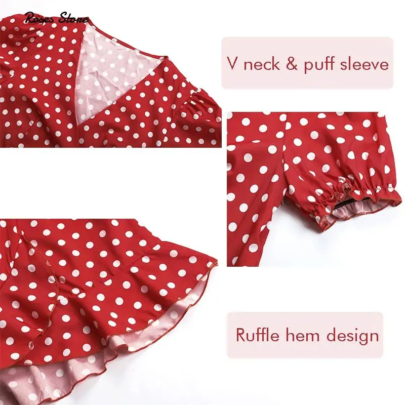 

2021 Women's Elegant Asymmetrical Mini Floral Dress V Neck Ruffle Hem Short Puff Sleeve Polka Dot Dresses Summer Office Clothes
