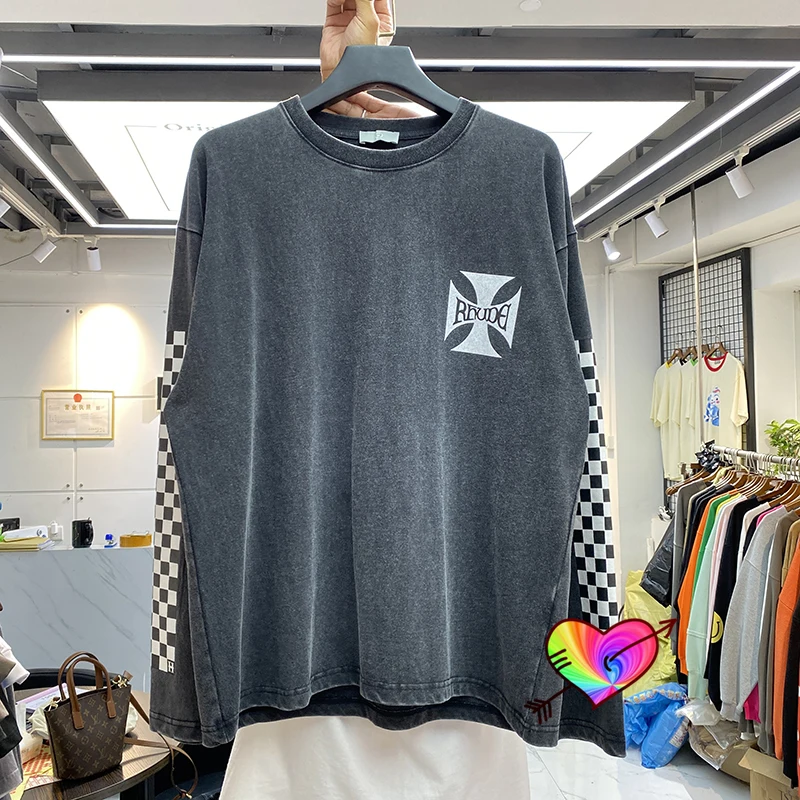 

Long Sleeve Rhude T Shirt Men Women High Quality Graphic Logo Print RHUDE CLASSIC CHECKERS Tee Washed Vintage Tops Collar Tag