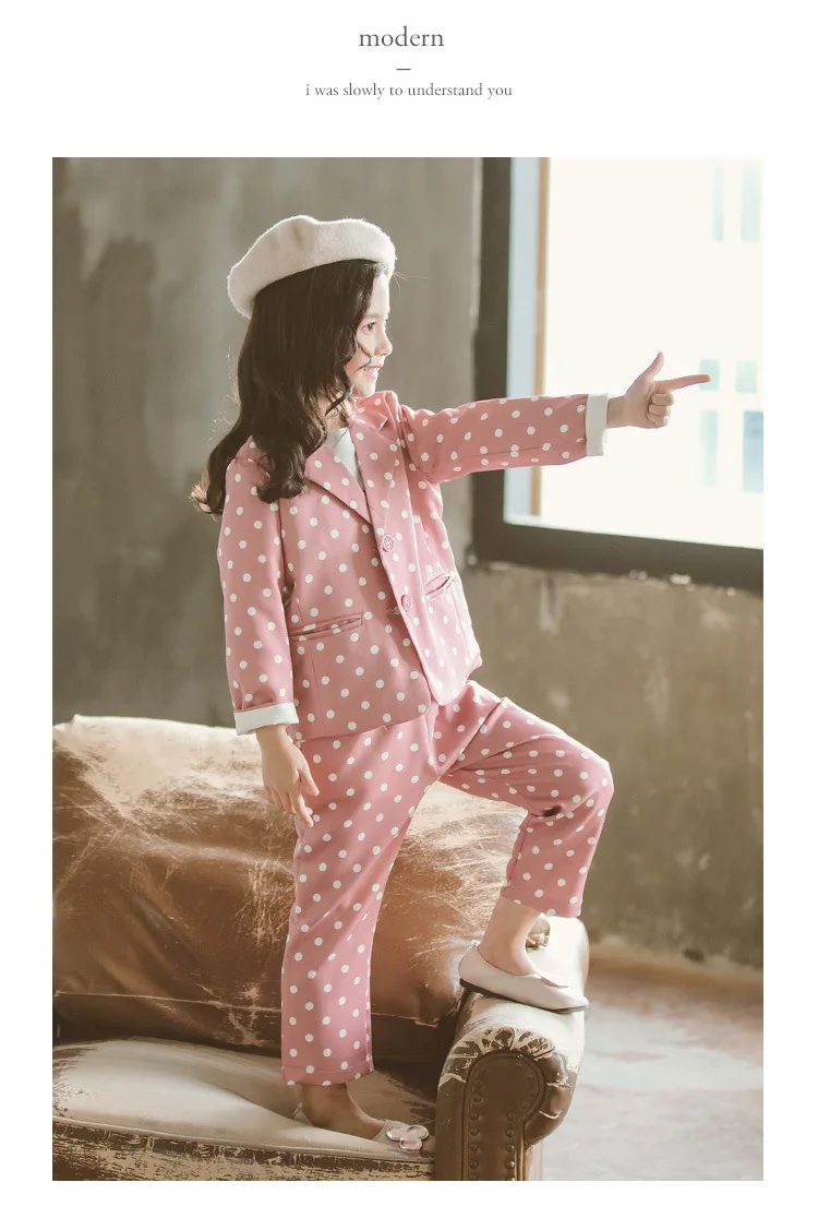 Нарядный розовый и черный костюм в горошек для девочек пальто + штаны сцены шоу