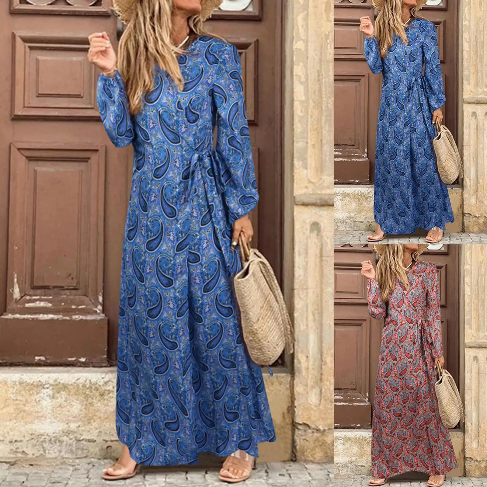

Boho Women Autumn Winter V Neck Long Sleeve Paisley Print Split Hem Maxi Dress