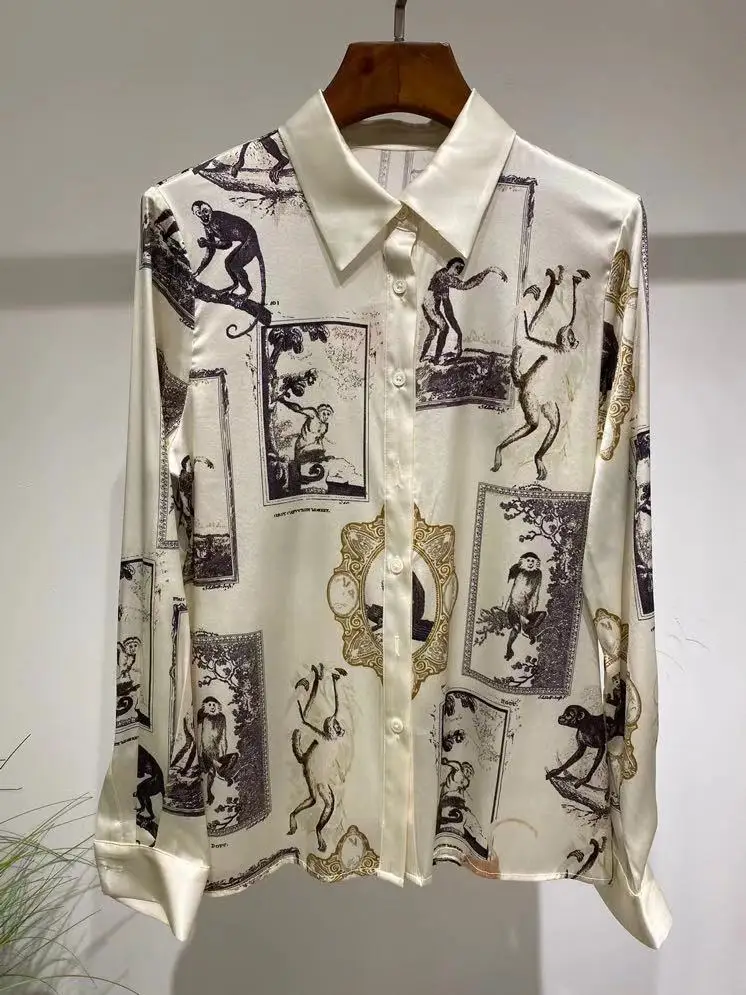 

Runway Fashion 100% Silk Blouse 2021 Spring Summer Turn-Down Collar Animal Print Elegant Party Holiday Single Breasted Blouse