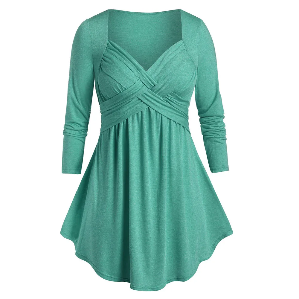 Light Sea Green ROSEGAL размера плюс космический краситель Туника Яркая футболка возлюбленная с длинной шеей рукавом Женские однотонные футболки с высокой талией винтажные сексуальные футболки - Цвет: Light Sea Green