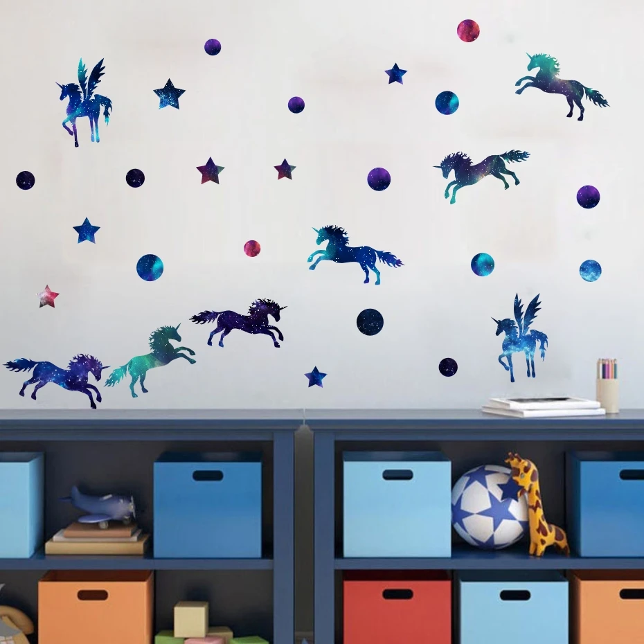 Красивые звездное небо стиль Единорог настенные наклейки сделай сам Звезда Луна