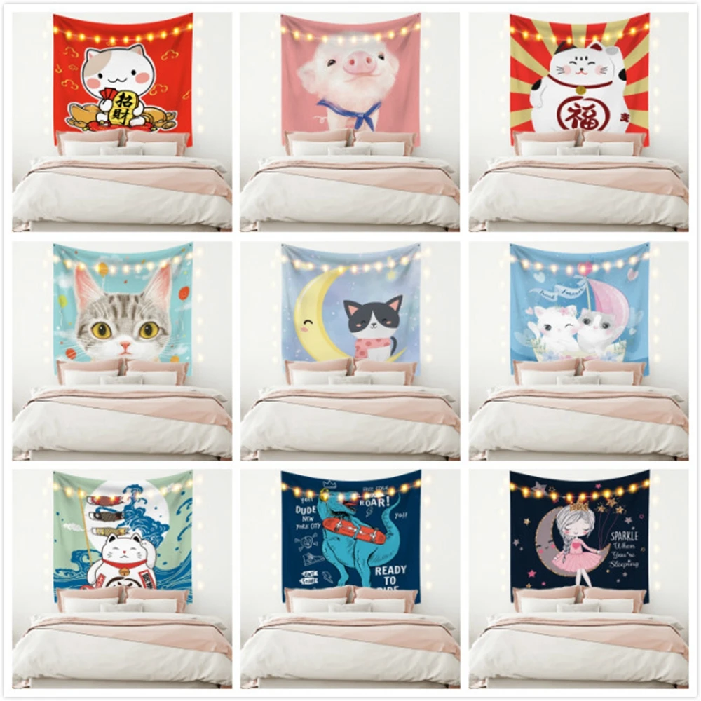 

Laeacco Fashion Tapestry Cartoon Lucky Cat Pig Dinosaur Water-color Wall Hangings Beach Towel Carpets Baby Children Room Decor