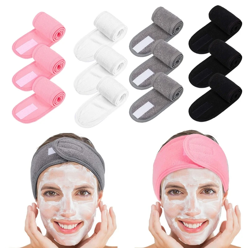 

3Pcs Facial Spa Headband Kit Makeup Shower Bath Wrap Sport Headband Terry Cloth Adjustable Stretch Towel with Magic Tape