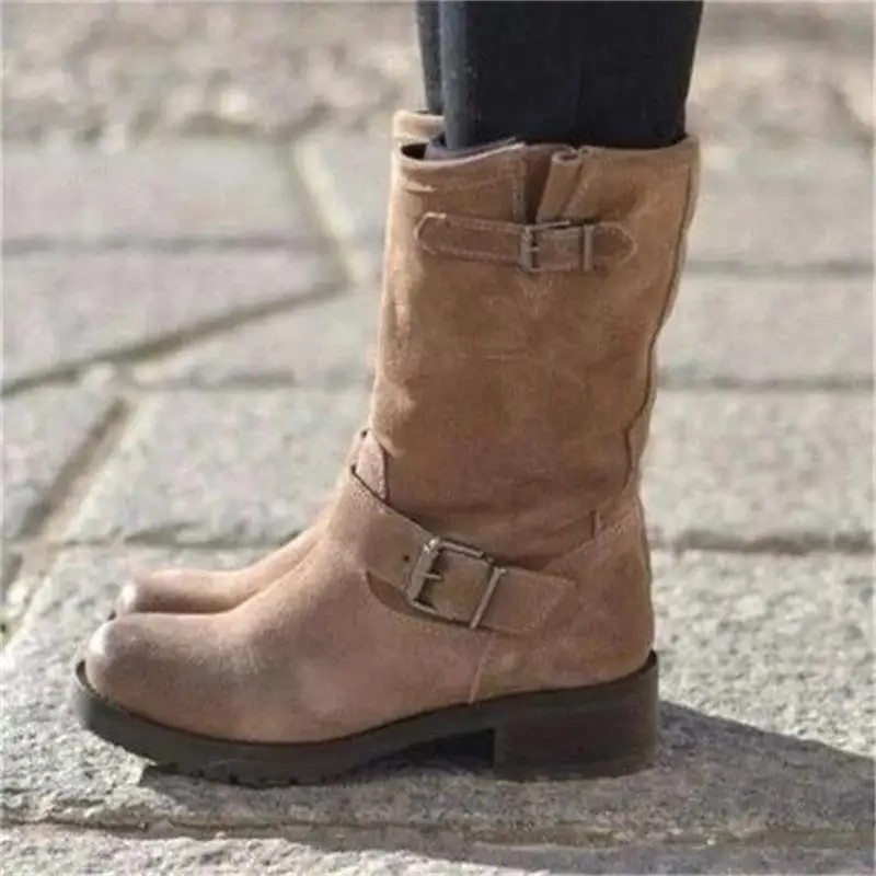 khaki Новинка; женские сапоги до середины икры; сезон осень-зима; обувь из искусственной кожи на низком каблуке; повседневные теплые женские зимние сапоги в римском стиле; Прямая поставка - Цвет: khaki