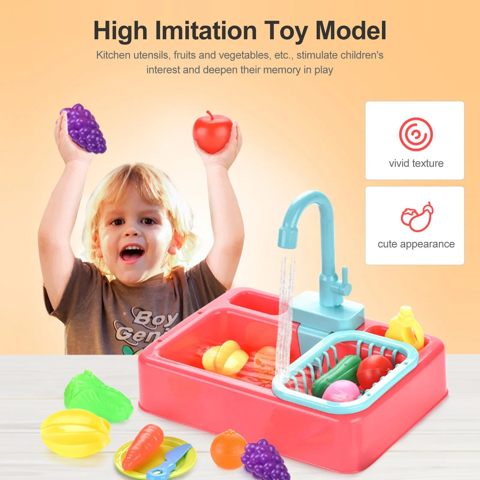 

Pretend Kitchen Sink Toys Children Diswasher Playset with Automatic Water Cycle System Christmas Birthday House Role Play Gift