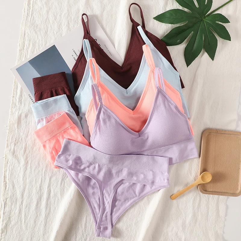 

Women Bra Panties Set Sexy G-String Push Up Bra Crop Top Seamless Underwear Fitness Active Bra Top Thongs Female Lingerie Set