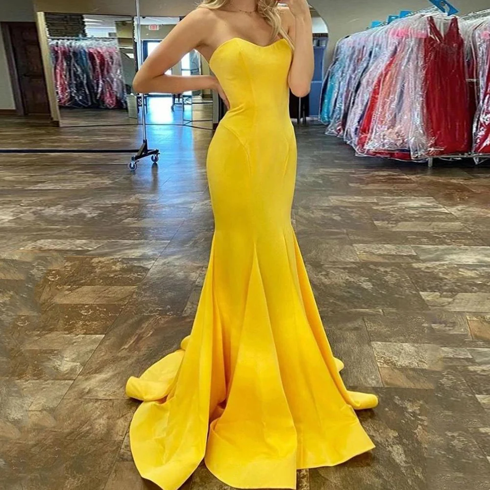 

Yellow Sweetheart Sleeveless Mermaid Evening Dress 2021 Elegant Sweep Train Prom Party Gowns Special Occasion Dresses