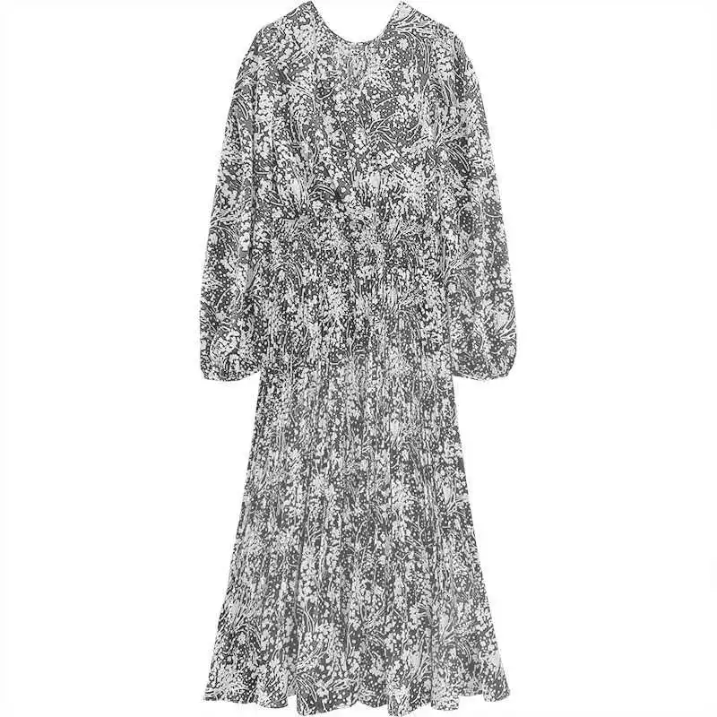

Chic Print V Neck Long Sleeve Dress Women High Waist Hip Pleated Design A Line Long Vestidos Spring 2021 New Slim Dresses