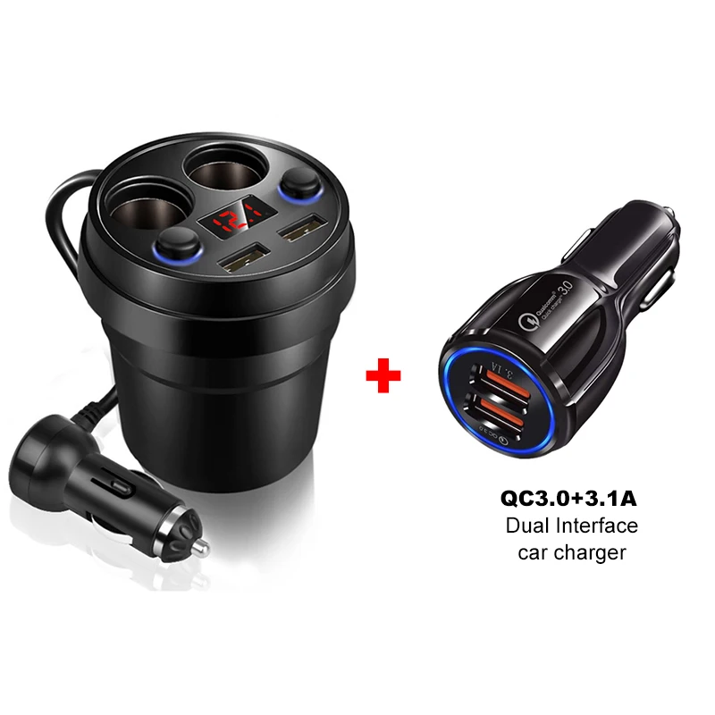 2in1black Автомобильное зарядное устройство, зарядное устройство для мобильного телефона, автомобильное зарядное устройство А, два USB, один на четыре прикуривателя, автомобильное зарядное устройство для iphone x, xiaomi, samsung, s10 - Тип штекера: 2in1black