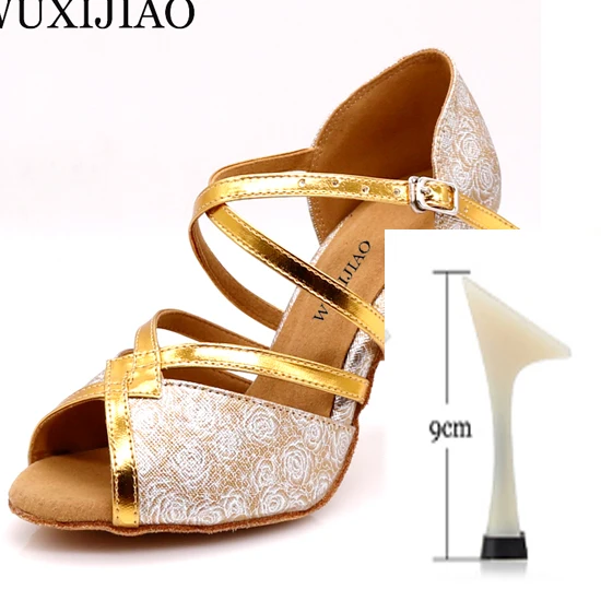 Gold heel 9cm WUXIJIAO розовый узор PU материал черные золотые латинские женские туфли для танцев сальса танцевальные вечерние со стразами Бальные Танцевальные Туфли 9 см - Цвет: Gold heel 9cm