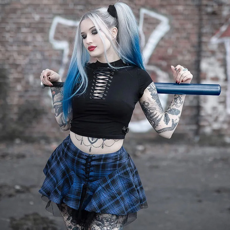 

Gothic Dark Skirt with Plaid Mesh Stitching Bandage Skirt Plus Size Lolita Solid Y2k Sexy Faldas Hippie Skirts Woman SkirtsPlaid