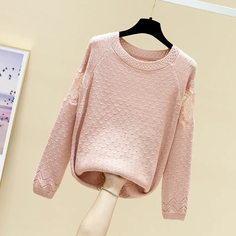 

Early spring 2023 round neck thin cut loose top women's Pullover lace long sleeve knitted sweater embroidered sweater