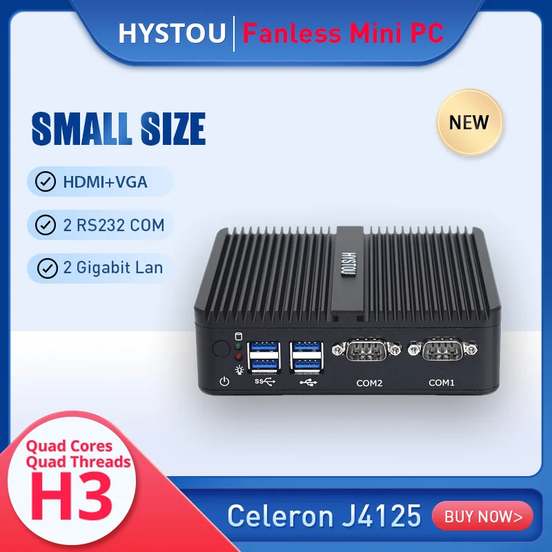 Офисный мини ПК без вентилятора с низкой мощностью Intel Celeron J4105 Barebone 2 * LAN HD VGA rs232