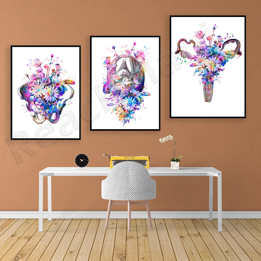 

Pregnancy fetus and flowers drawing female uterus pelvis skeleton art medical decoration, midwife obstetrics decoration poster