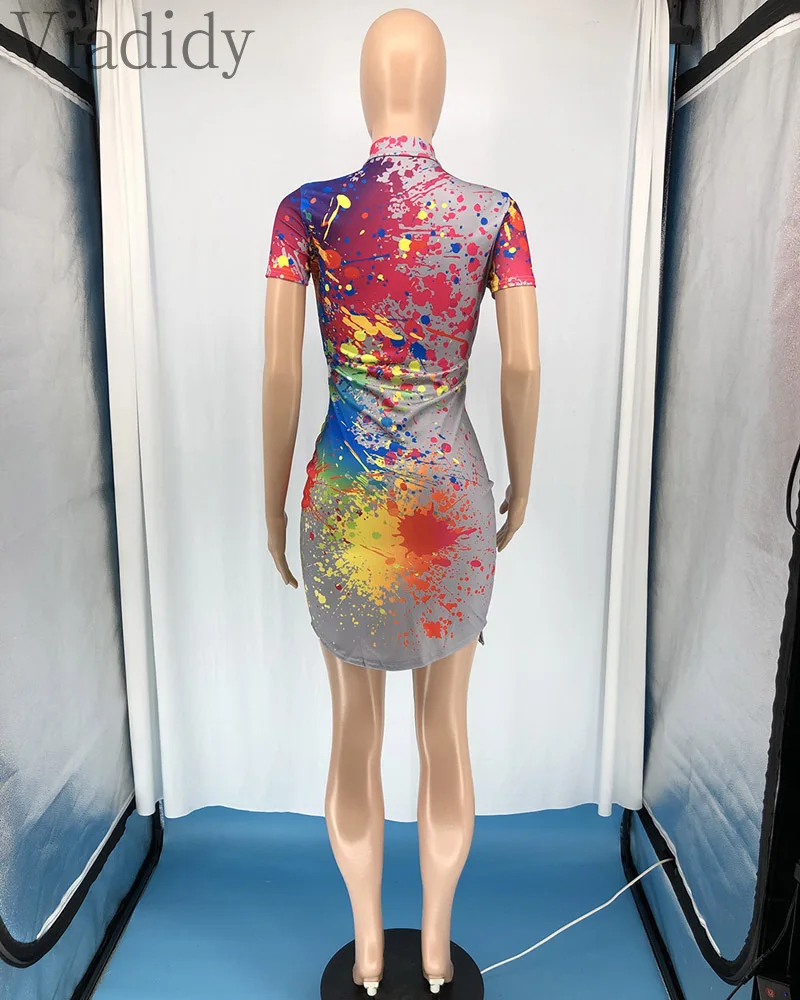 

Women Stand Collar Print Zipper Design Short Sleeve Slim Mini Dress