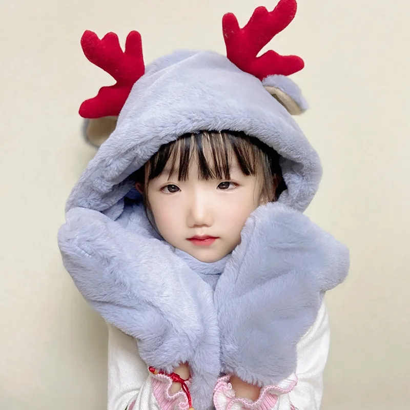

Girl Winter New Cute Antlers Children's Hats Scarves Gloves One-piece Scarf Warm Parent-child Christmas Three-piece Set