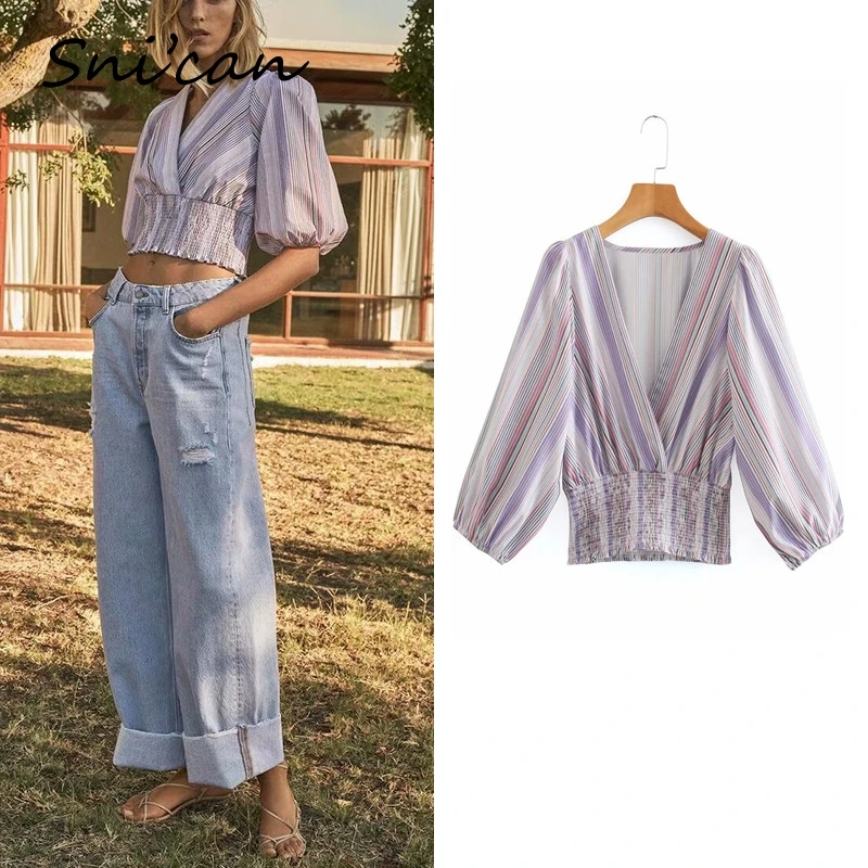 

Snican V Neck Striped Shirts Women V Neck Sexy Elastic Waist Short Tops Spring Half Sleeve Ladies Blouse Chemisier Femme 2021 Za