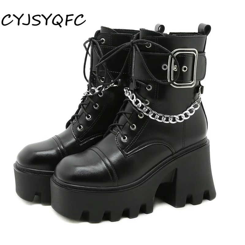 CYJSYQFC Sexy Chain Combat Boots For Women Punk Dark Platform Chunky Heels Lace Up Side Zip Woman Motorcycle Boots Top Quality