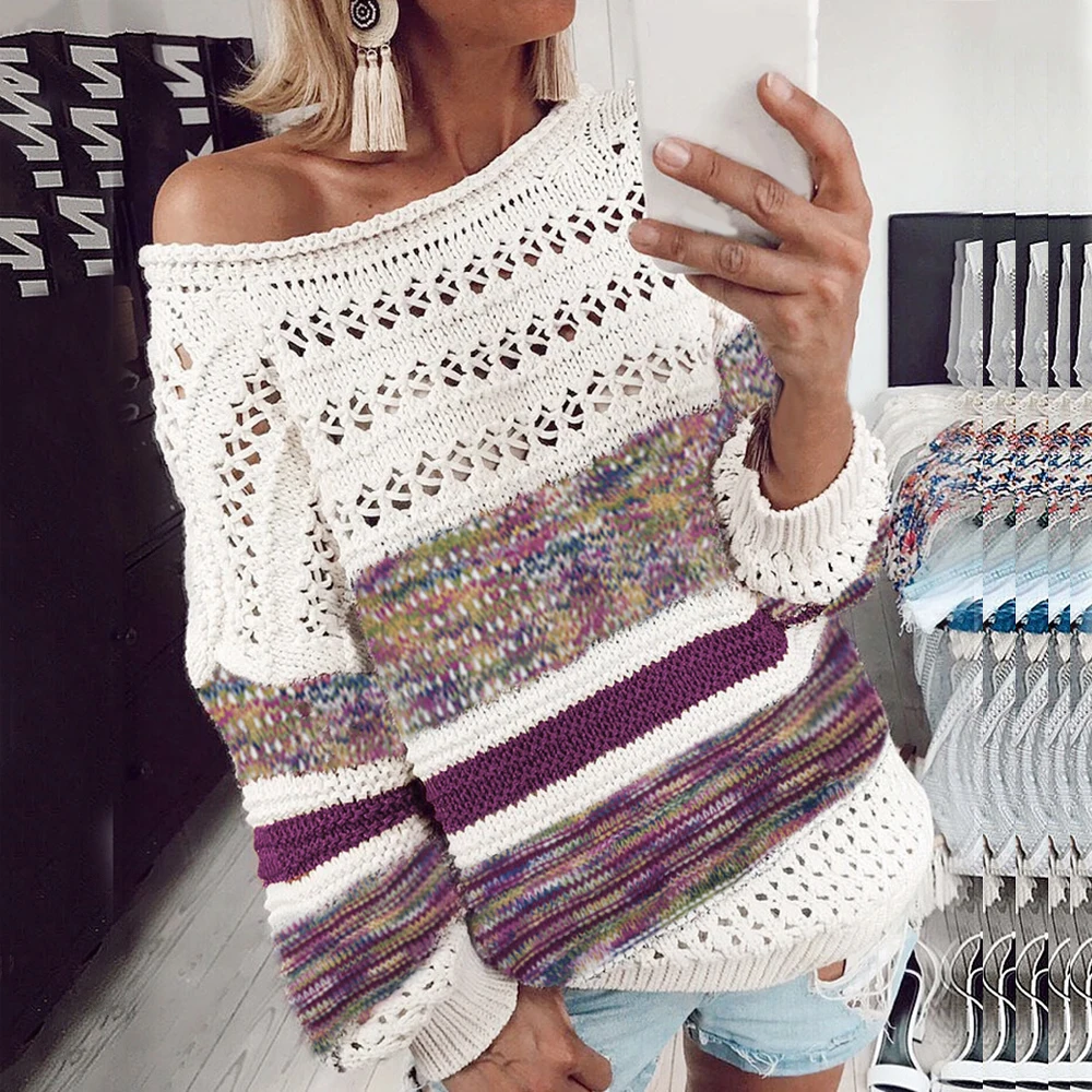 Vogue женские вязанные свитера сексуальные с открытыми плечами в полоску стиле