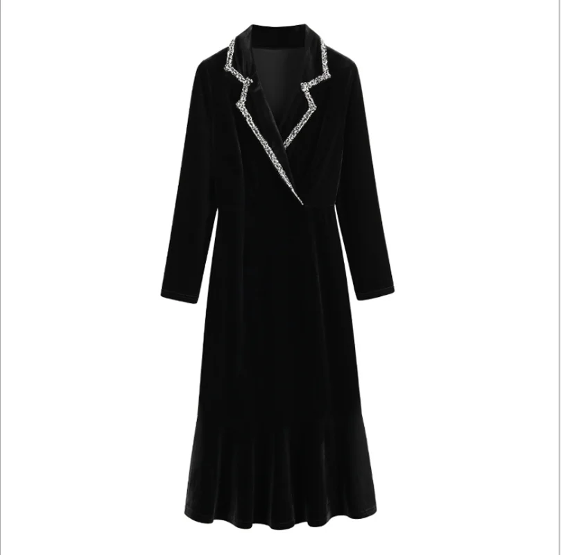 

2020 autumn and winter new women's loose contrast color suit collar lady high waist gold velvet long sleeve dress women
