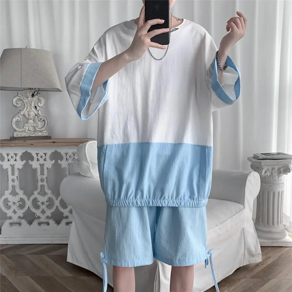 Размера плюс комплект из двух предметов для мужчин Модный шорт в стиле пэчворк