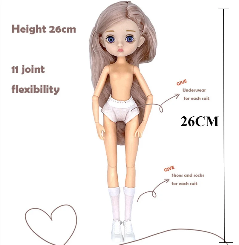 

2021New 11 Movable Joints BJD Dolls 26cm 1/6 Makeup Dress Up Cute Dolls with Fashion Dress for Girls Toy Birthdays Gifts