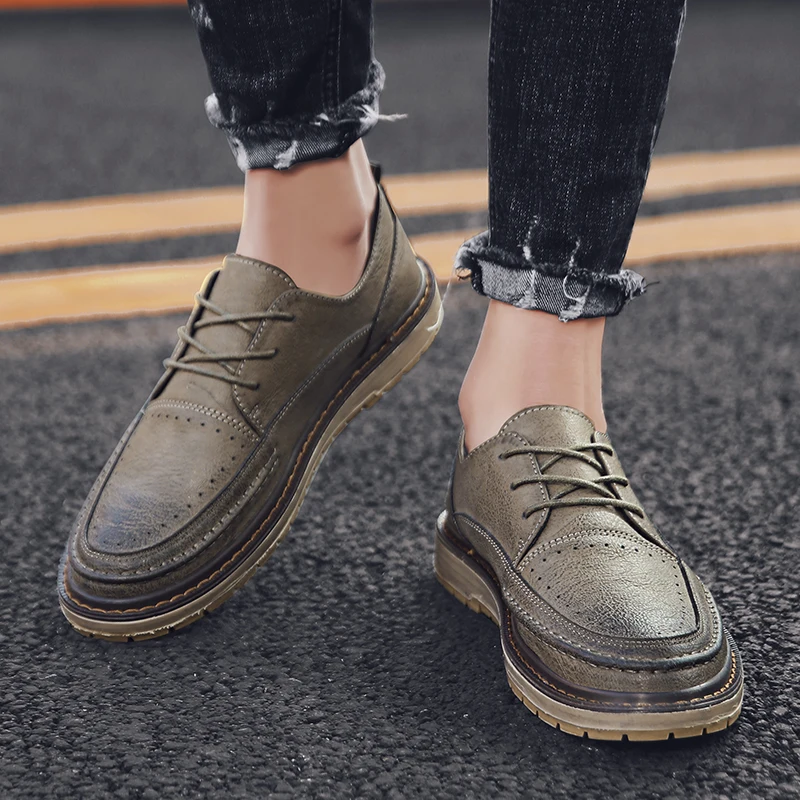 Мужская обувь с круглым носком Кожаные уличные мужские деловые оксфорды на