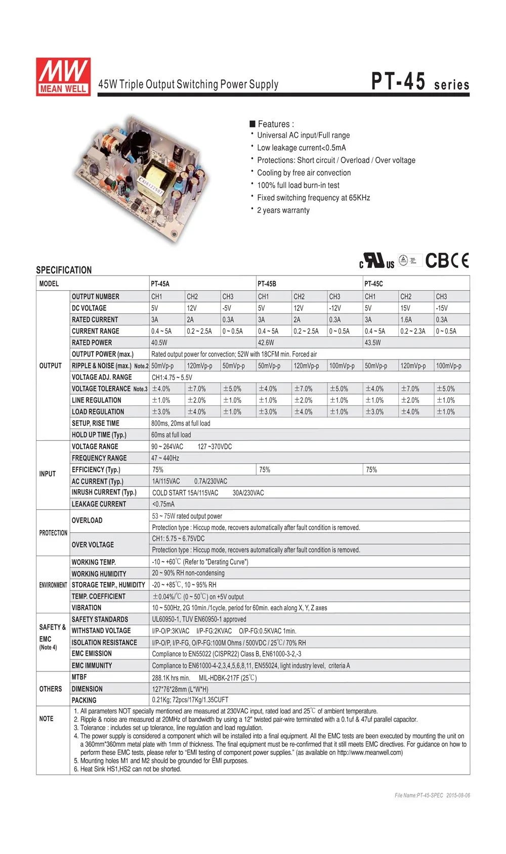 MEAN WELL PT-45C 43,5 Вт тройной выход импульсный источник питания 110 В/220 В переменного тока до 5 В 15 в-15 В постоянного тока 3A 1.6A 0.3A PCB тип открытая рамка smps