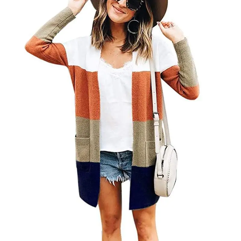 

European and American fashion big pocket coat autumn and winter long striped color matching cardigan new sweater women's 2020
