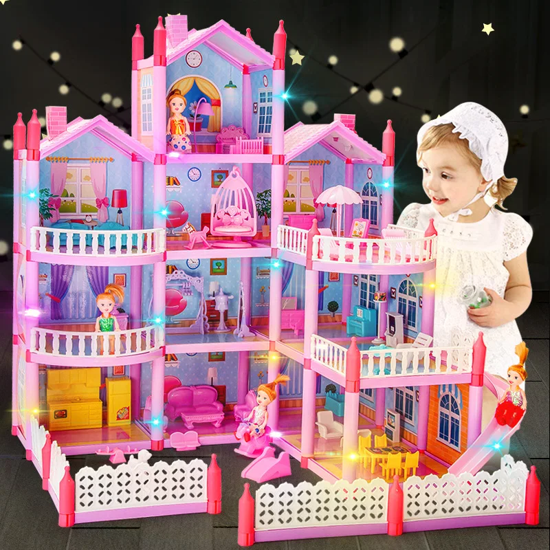 Casa de muñecas de plástico para niños, juego de muebles con luz ensamblada, casa de muñecas, bricolaje, nueva