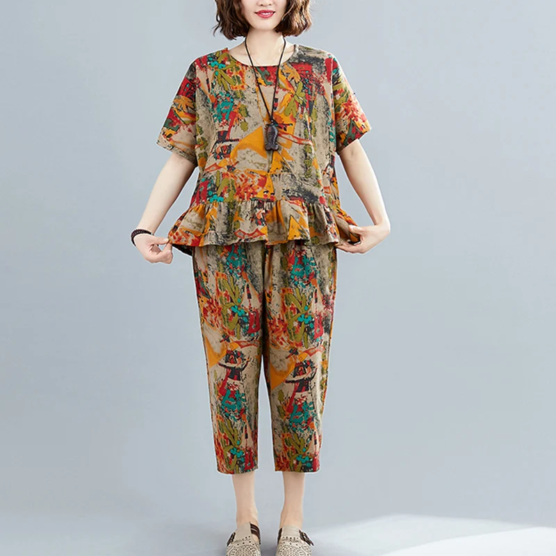 

Женская рубашка с коротким рукавом и принтом листьев лотоса, большие размеры + брюки с широкими штанинами из хлопка и льна, Новинка лета 2020