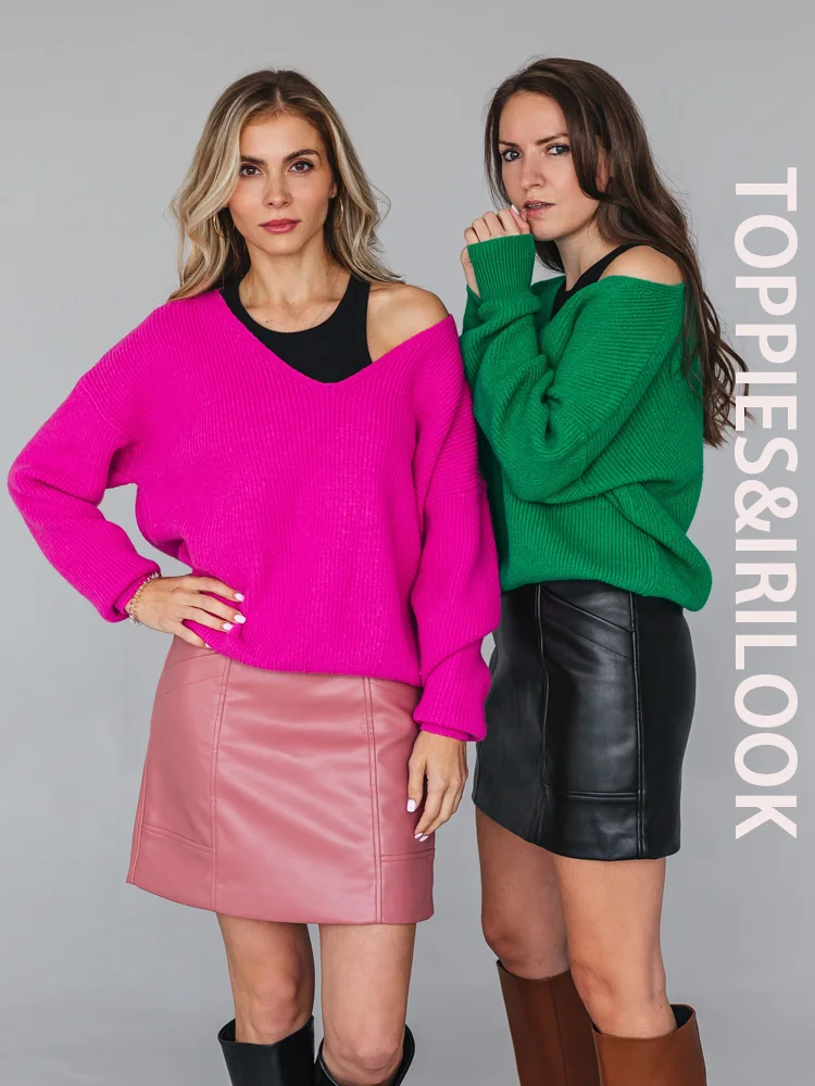 

2021 сексуальный свитер FAKUNTN Toppies с глубоким V-образным вырезом, свитер с открытыми плечами, зеленые и белые вязаные топы, Корейская зимняя одеж...