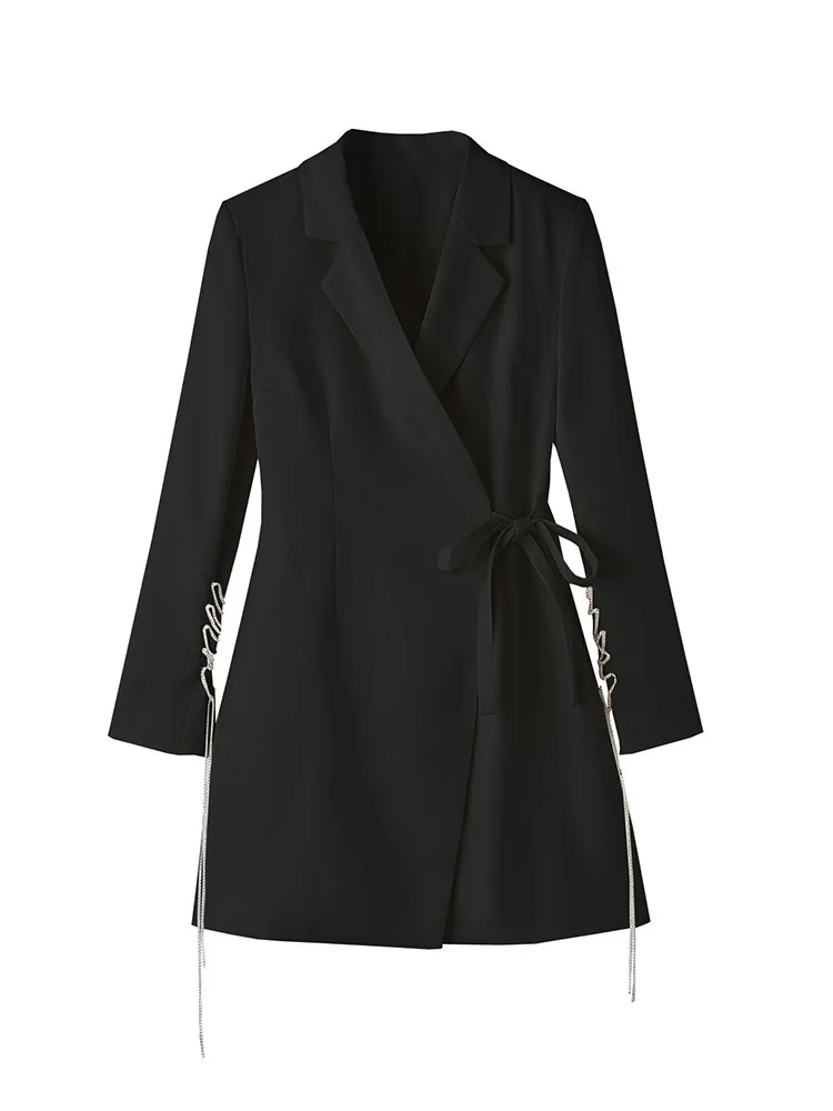 Женский офисный пиджак на шнуровке черное облегающее платье-блейзер с длинным