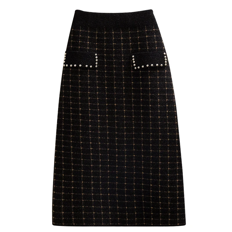 

Black Knitting Wool Skirts Female New 2020 Nail Bead Lattice Split Hip