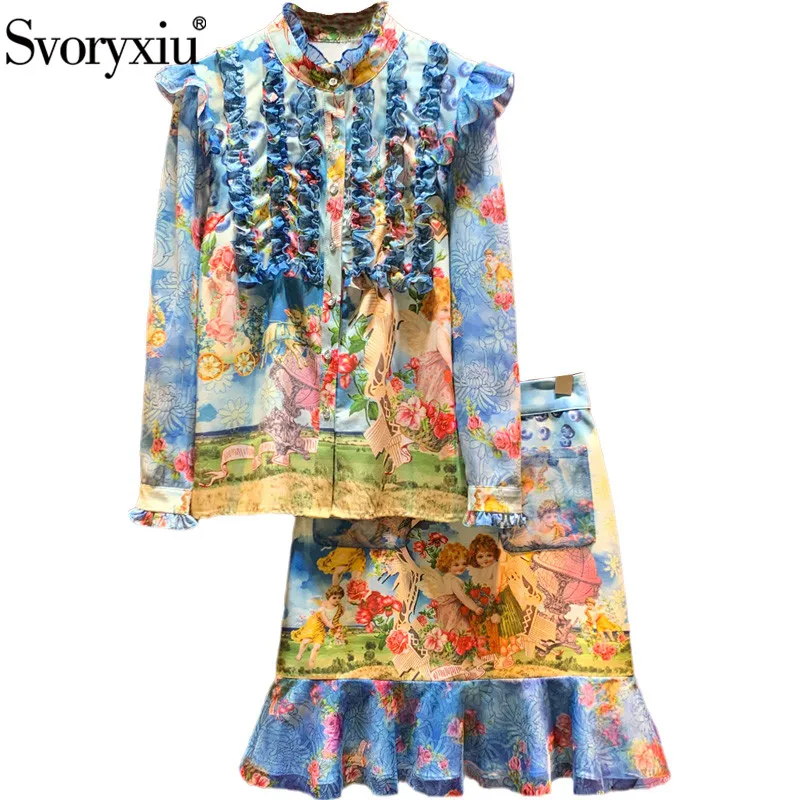 

Svoryxiu 2020 Designer Autumn Vintage Skirt Suit Women's Fashion Long Sleeve Angel Print Ruffles Blouse + Mermaid Skirt Set