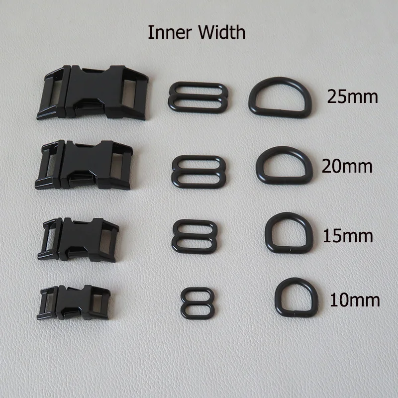 

20Sets/Lot 10mm 15mm 20mm 25mm Straps Clasp Cat Dog Collar Paracord Metal Buckle Slider Belt Loop D Ring DIY Accessory Hardware